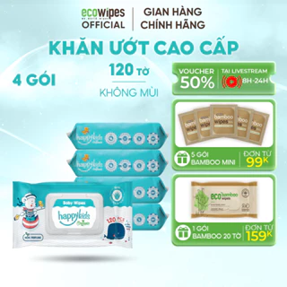 Combo 04 gói khăn ướt EcoWipes Happy Kids gói 120 tờ không mùi không parabens an toàn cho em bé