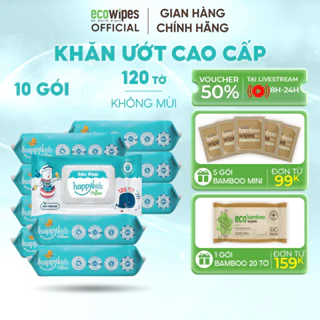 Thùng 10 gói khăn ướt EcoWipes Happy Kids gói 120 tờ không mùi không parabens an toàn cho em bé