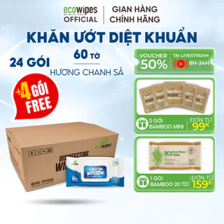 TẶNG THÊM 4 GÓI_Thùng 24 gói khăn ướt diệt khuẩn EcoWipes gói 60 tờ diệt 99,9% vi khuẩn