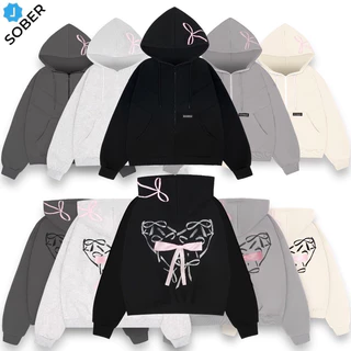 Hoodie Zip - Áo Khoác Nỉ Khoá Kéo Form Rộng Unisex Hoạ Tiết  In Trái Tym Thêu Nơ Chất Nỉ Bông