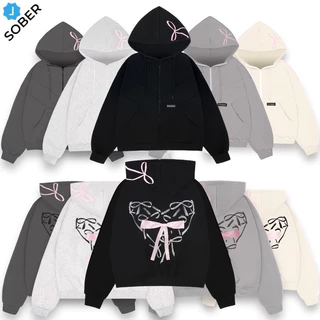 Hoodie Zip - Áo Khoác Nỉ Khóa Kéo Nỉ Bông Form Rộng Unisex In Họa Tiết Nơ Trái Tym Nam Nữ Mặc Được