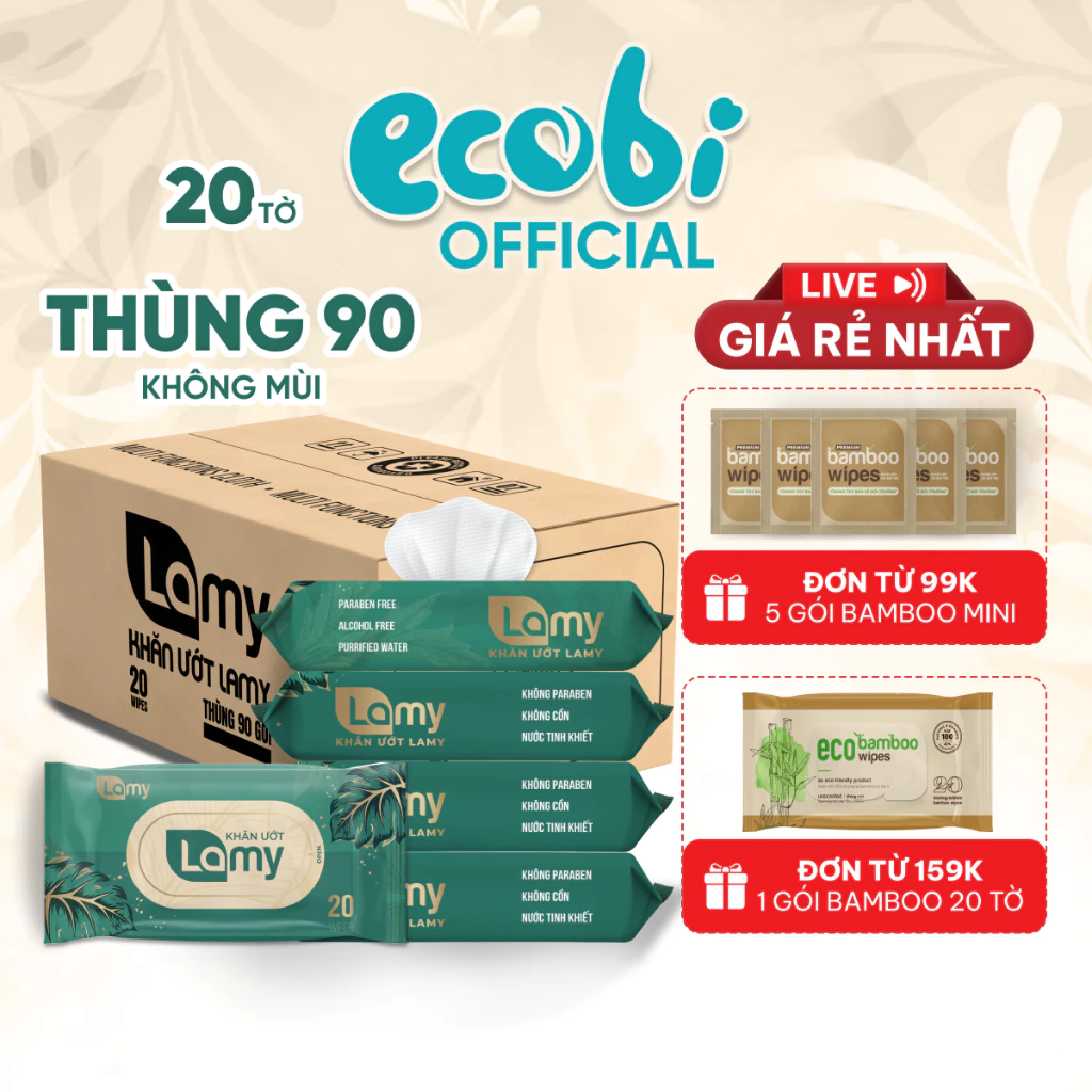 Thùng 90 gói khăn ướt Lamy cao cấp dành cho em bé không cồn không parabens gói 20 tờ