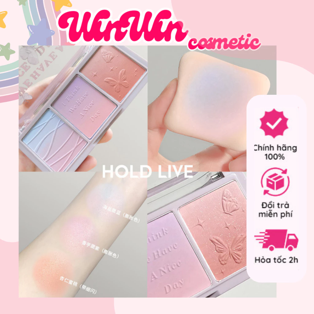 Phấn má hồng Hold Live 3 ô Secret Garden Blush HL461 Chất phấn siêu mềm, rất mịn, độ bám tốt lên màu chuẩn