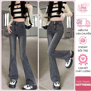 Quần Bò Jean Nữ Ống Loe Khói  Cạp Cao Co Giãn, Quần Jeans 2Cúc Phong Cách Hàn Quốc Cá Tính Loe Co Giãn Tôn Dáng