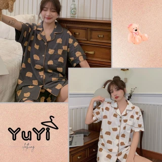 Bộ Đồ Ngủ Pijama Họa Tiết Gấu Cộc Tay Quần Đùi Hè Thu Hàn Quốc