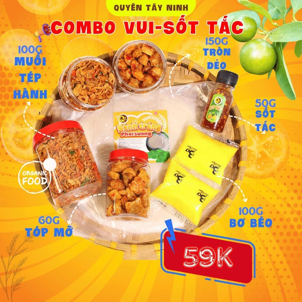 COMBO VUI Bánh tráng phơi sương Quyên Tây Ninh- Bánh tráng,muối ruốc hành phi,bơ trứng gà,sốt tắc,tóp mỡ