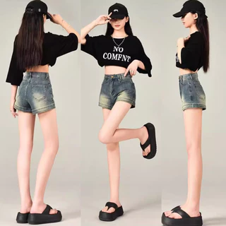 Quần short jean đùi nữ MIAA màu RETRO cạp cao chất jean dày dặn