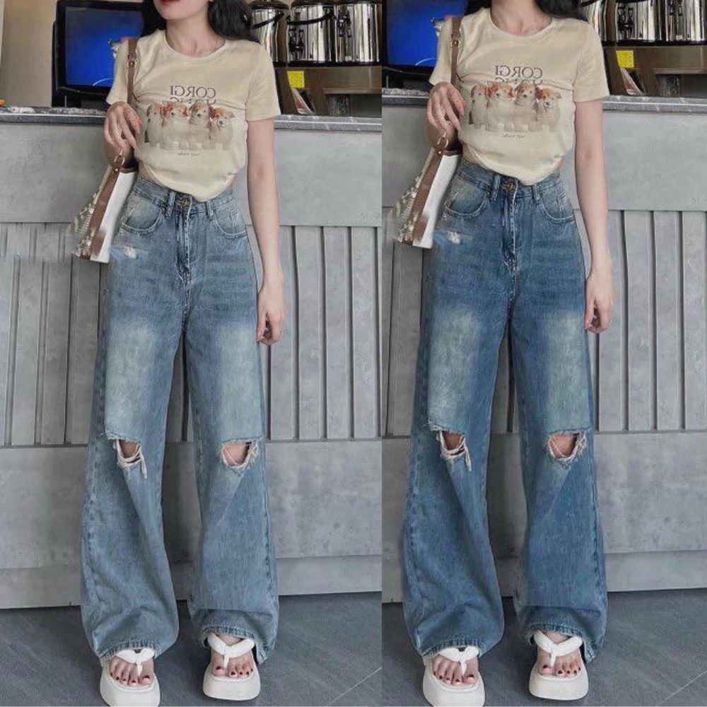 Quần Jeans Ống suông Rộng Lưng Cao MIAA  lưng cao RETRO, quấn ống rộng cạp cao hottrend tôn dáng
