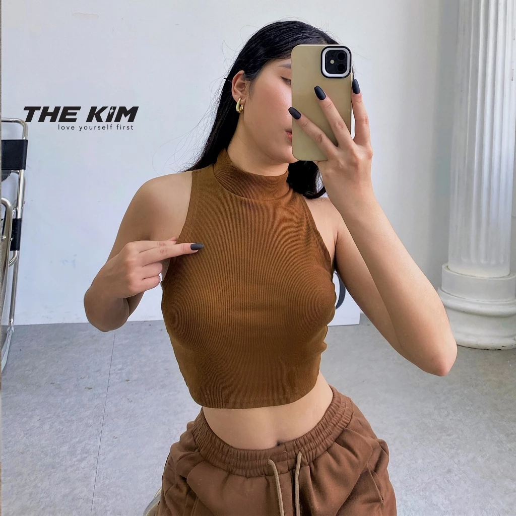 Áo ba lỗ trơn croptop cổ cao THE KIM , áo croptop cổ cao thun tăm cho nữ A116