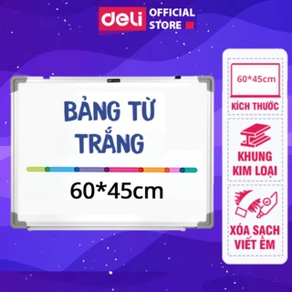 Bảng Từ Trắng Viết Bút Lông Chính Hãng DELI - Bảng Trắng Mica Viền Nhôm KT 60x45cm - Bảng Treo Tường Nam Châm Kèm Khay