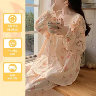Bộ đồ ngủ nữ dài tay xuân thu Kyo Shop CT01 chất liệu cotton phối ren ngọt ngào dễ thương phong cách công chúa,tay phồng