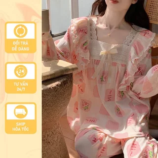 Bộ đồ ngủ nữ dài tay xuân thu Kyo Shop CT03 chất liệu cotton phối ren ngọt ngào dễ thương phong cách công chúa,tay phồng