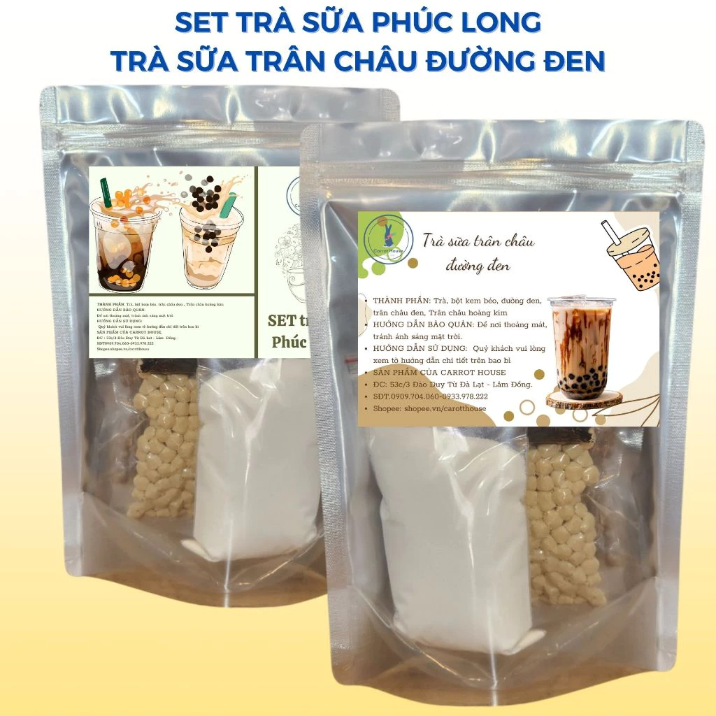 Set trà sữa tự pha, nguyên liệu trà sữa Phúc Long, trân châu đường đen thành 30-35 ly Carrot House