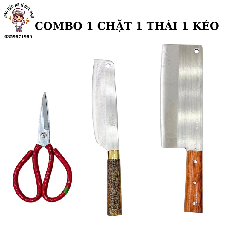 Bộ dao kéo Đa Sỹ gồm 1 dao chặt 1 dao thái 1 kéo cắt, chất liệu thép trắng, sắc bén, tiện dụng