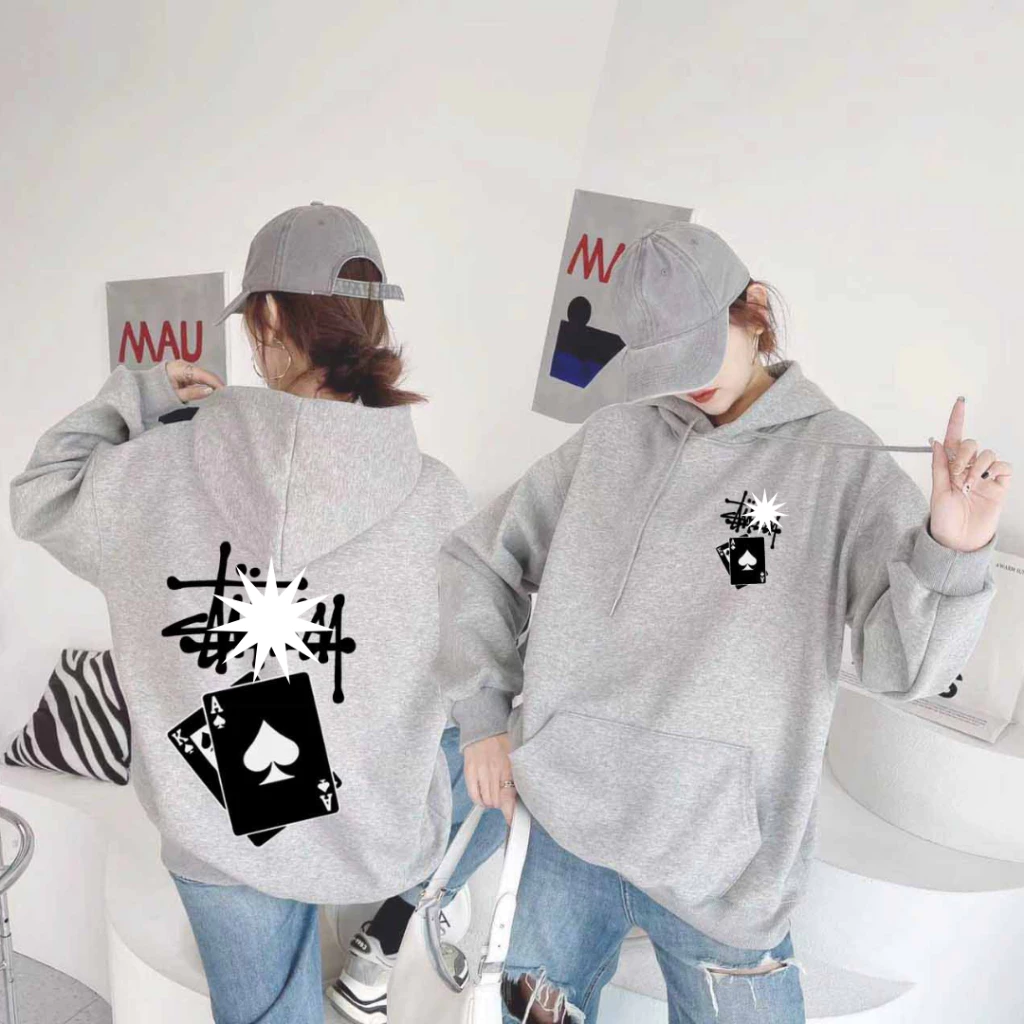 Áo Hoodie boy phố Nữ nam hottrend in Chữ Stu Họa tiết lá bài form rộng Dáng Chuẩn Nỉ Ngoại Không Xù - dt_shop