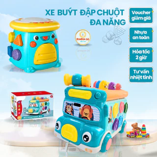 Đồ Chơi Xe Buýt/ Bus Đạp Chuột Thả Hình Khối Đa Năng Phản Xạ Có Nhạc Đèn Montessori, Trống Hình Chiếu Đèn Đa Năng Cho Bé