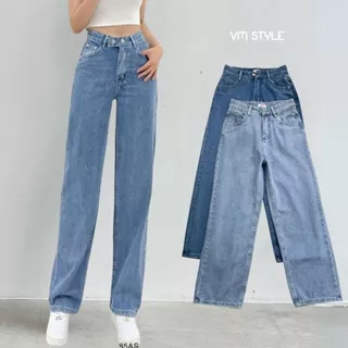 Quần jean ống rộng nữ VMSTYLE, Quần jeans ống suông cạp cao 2 nút ngang dễ phối đồ N99 - QJR00005