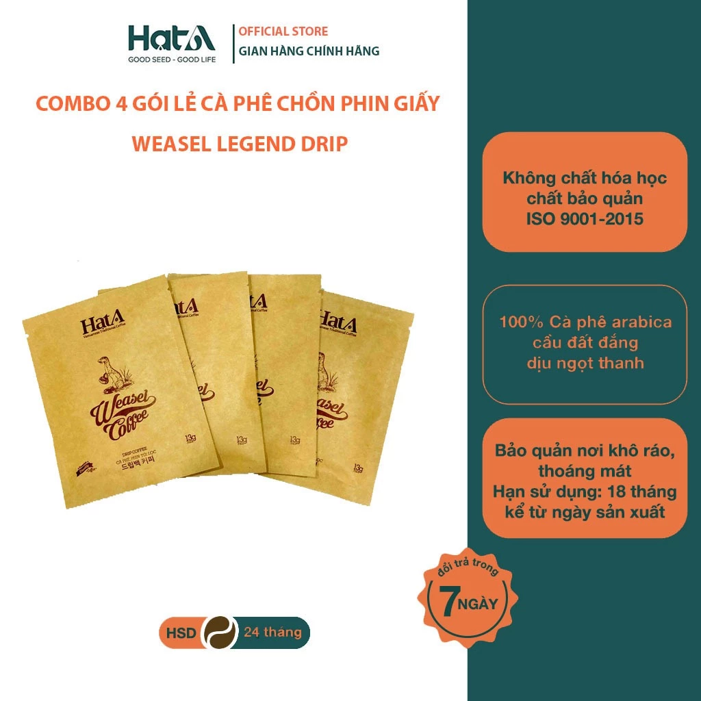 Combo 4 gói Cà phê chồn nguyên chất 100% túi lọc cao cấp Hạt A Cafe Weaseal Legend Coffee Drip, phin giấy tiện lợi