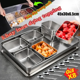 【Giao hàng nhanh】khay inox 304 khay inox đựng topping loại 6 và 8 ngăn khay inox có nắp trà sữa, Topping bánh mì