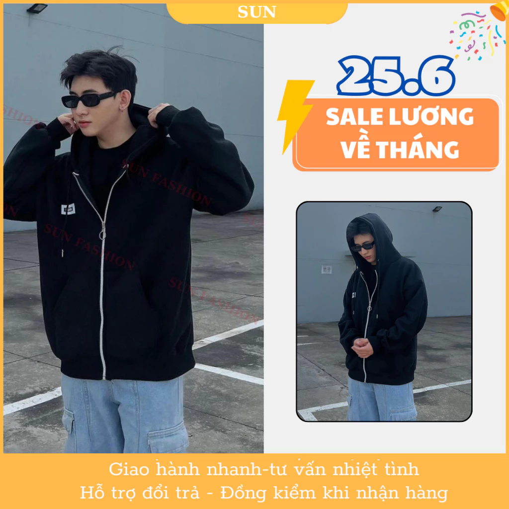 Áo khoác hoodie zip Unisex nam nữ màu đen