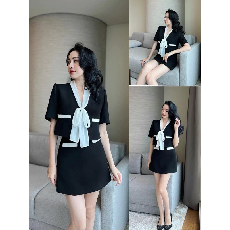 [Hàng Thiết Kế - Có sẵn] S75 Set Áo Đen Viền Trắng Thắt Nơ Mix Chân Váy Dáng A Sang Trọng Doll Diva