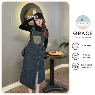 Váy yếm jean nữ 2 dây, quần yếm bò mix túi trước yếm quần có quai chỉnh Grace - QY03