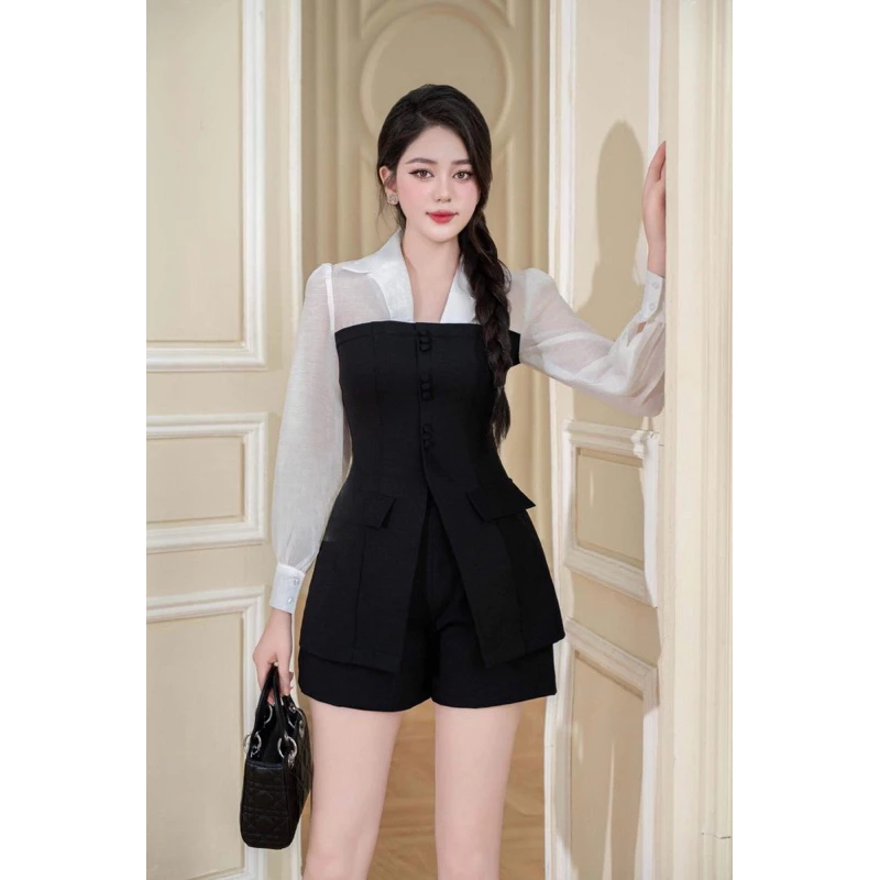 [Hàng Thiết Kế-Có sẵn ] S76 Set Áo Sơ Mi Kiểu Cổ Vest Phối Tơ Mix Cùng Quần Short Kaki Lụa Dolldiva