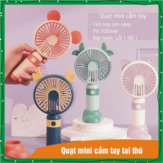 Quạt mini cầm tay tích điện để bàn nhỏ gọn , quạt mini hình thú dễ thương có đèn ánh sáng