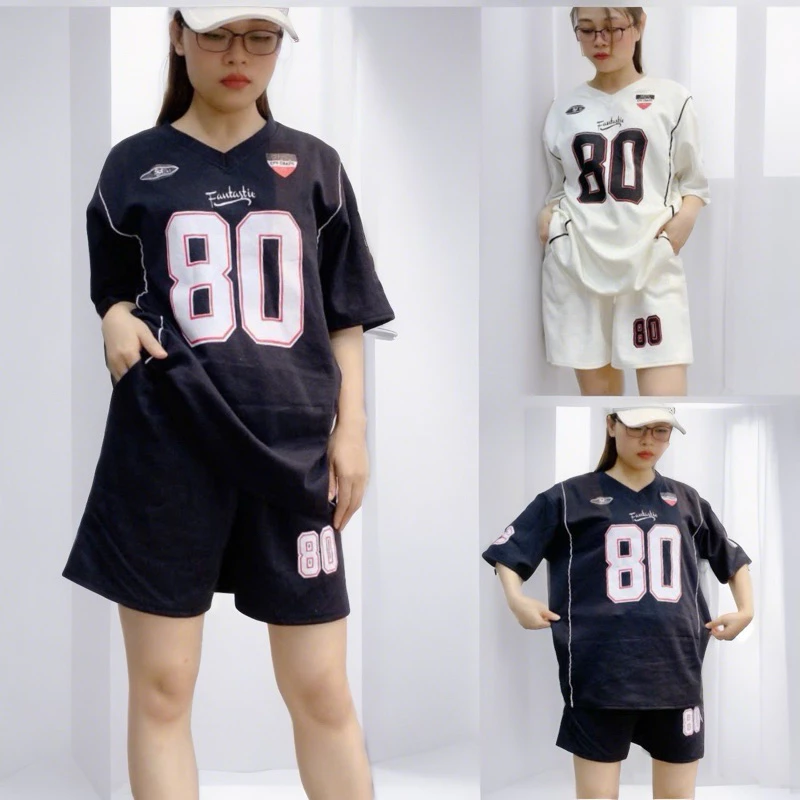 Set bộ đồ nữ áo thun cổ tim số 80 hoạ tiết chữ Fantastic from rộng Unisex chất liệu cotton thoáng mát