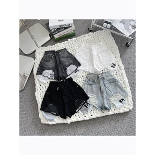 quần jeans short nữ cạp cao rách lai tua phối túi chữ cực cá tính