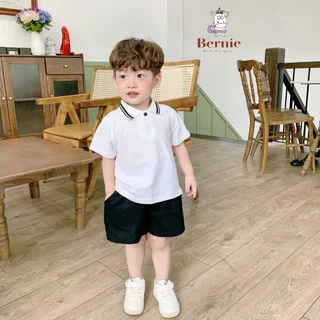 Bộ quần áo polo cho bé trai áo trắng quần đen trơn phong cách Hàn quốc size 1 tới 7 tuổi BERNIE