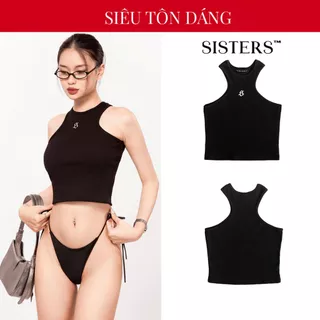 Áo ba lỗ nữ croptop sát nách SISTERS cổ yếm kiểu ôm body màu đen Seci SIS-CLUB | SS-T22