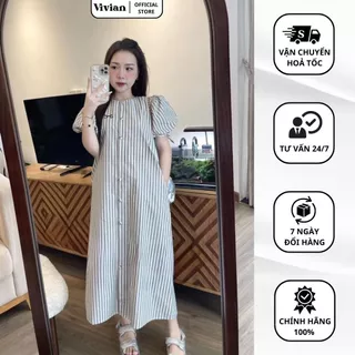 Váy bầu dáng suông tay bồng sang chảnh đầm kẻ thêu nơ thiết kế đi làm đi chơi Vivian Clothing VB14