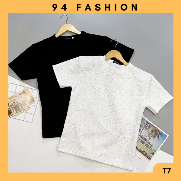 T7 Áo thun nam tay ngắn cổ tròn vải thun xốp thời trang màu đen màu trắng Menswear Top 94 FASHION