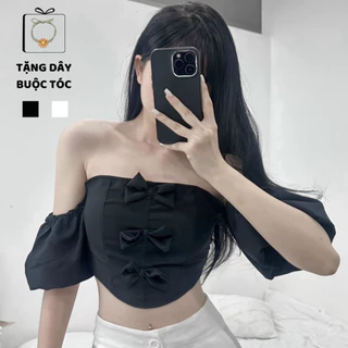 Áo Kiểu Croptop Cúp Ngực Phối 3 Nơ Trễ Vai Tay Bồng 2 Lớp Kèm Mút Ngực