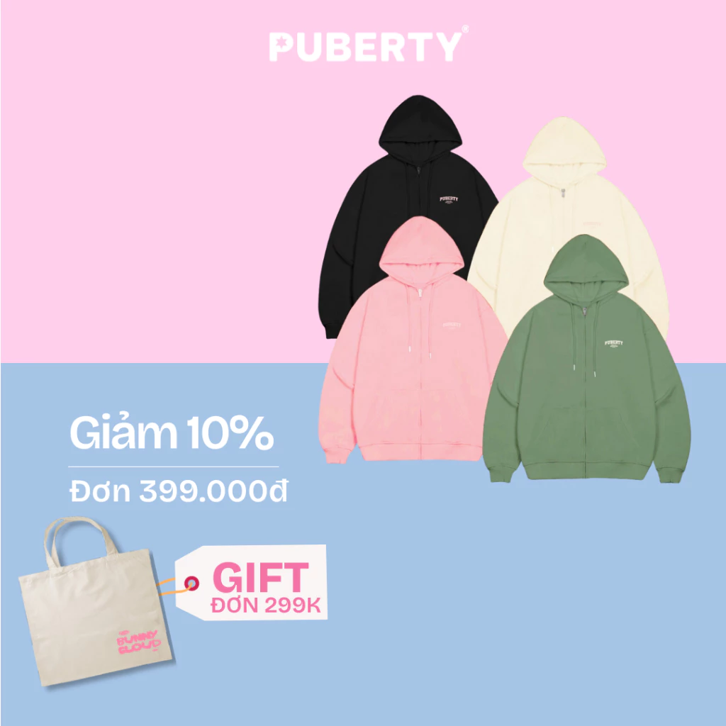 Hoodie Zip unisex oversize local brand PUBERTY UNI LOGO HOODIE ZIP / ĐEN - HỒNG - KEM - XANH VỎ ĐẬU