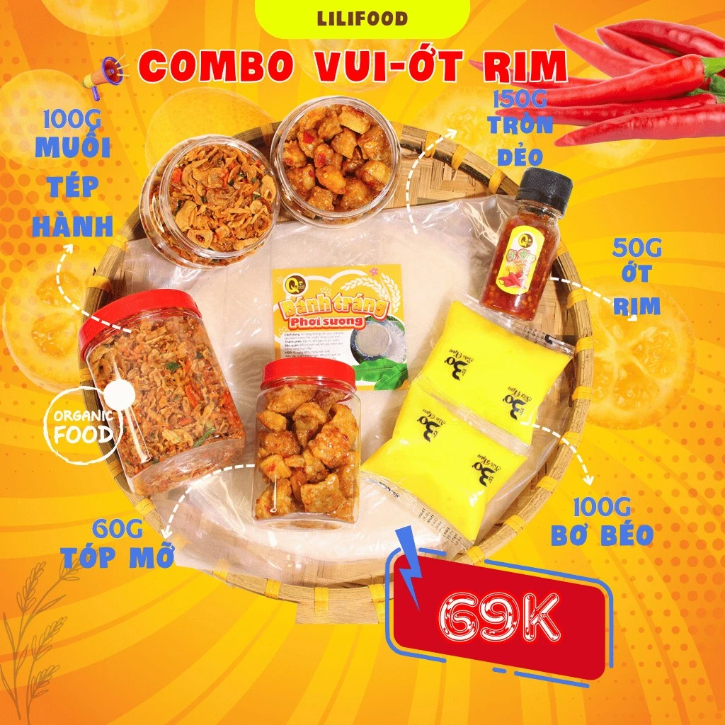 COMBO VUI-Combo Bánh Tráng Phơi Sương Muối Ruốc Hành Phi, Bơ Trứng Gà, Tóp Mỡ, Các Loại Sốt- Lilifood