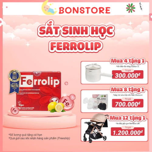 [Combo tặng quà to]Sắt bột,Sắt sinh học Ferrolip liposome bổ sung sắt cho mẹ bầu người thiếu máu hộp 20gói