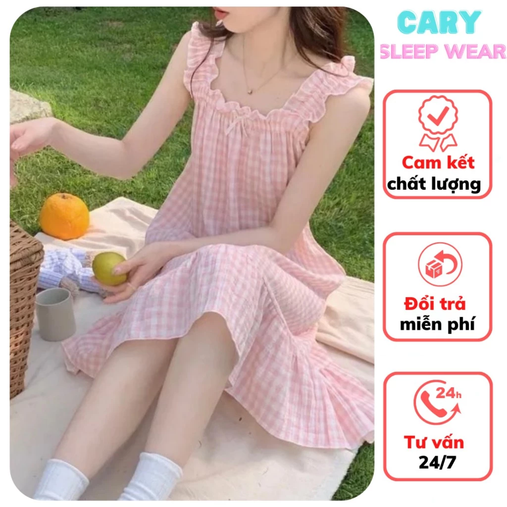 Đầm ngủ nữ hai dây bản to nhún kẻ caro dễ thương phong cách công chúa CARY