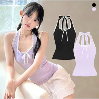 Áo Tankop Cổ Yếm Phối Viền Ren, Áo Hai Dây Đính Nơ Ngực Ôm Body Sexy - S50