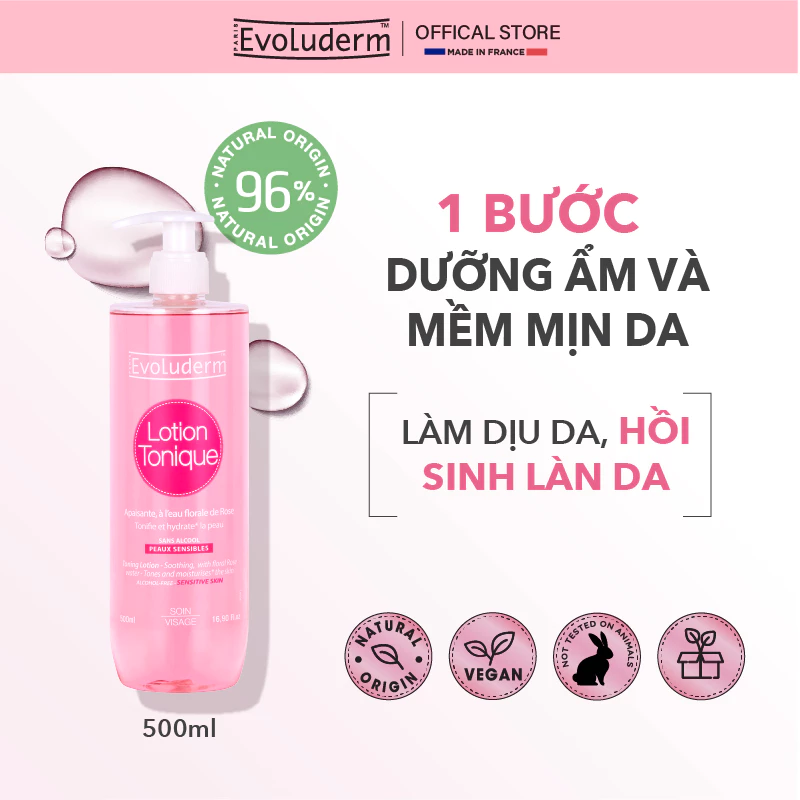 Nước hoa hồng dưỡng ẩm và làm sạch cho da nhạy cảm Evoluderm Lotion Tonique 500ml