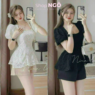 Set bộ đồ nữ áo cổ vuông tay phồng phối ren ( có mút) Mix quần short 2 màu thanh lịch