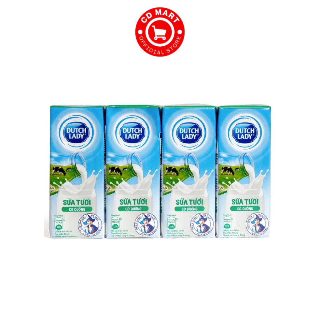Lốc 4 hộp sữa tiệt trùng Cô Gái Hà Lan Dutch Lady có đường/ socola/dâu 180ml