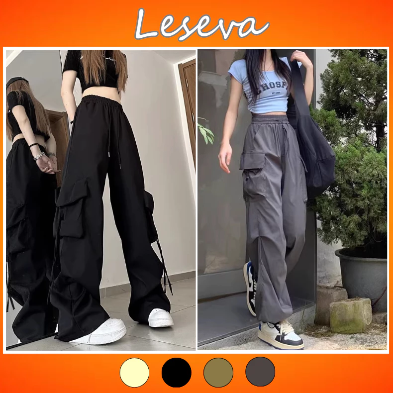 Quần kaki túi hộp ống suông rộng cạp cao nam nữ unisex, Quần Dài Nữ Lưng Cao Phối Dây Rút - WYP51