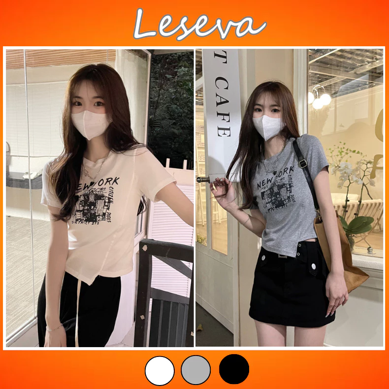 Áo thun croptop vạt lệch cổ tròn tay ngắn họa tiết in,áo phông nữ dáng ngắn chất cotton co giãn 1099