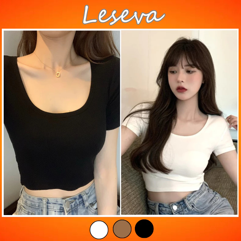 Áo thun Croptop cổ vuông tay ngắn ôm body siêu xinh phong cách Hàn Quốc 610 - LESEVA