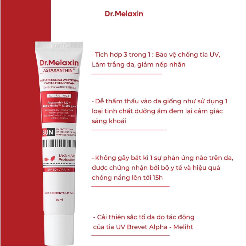 Kem chống nắng Dr Melaxin ,Astaxanthin whitening sun Cream 50ml Hạn 2027 (Quà tặng) Kr.Lab