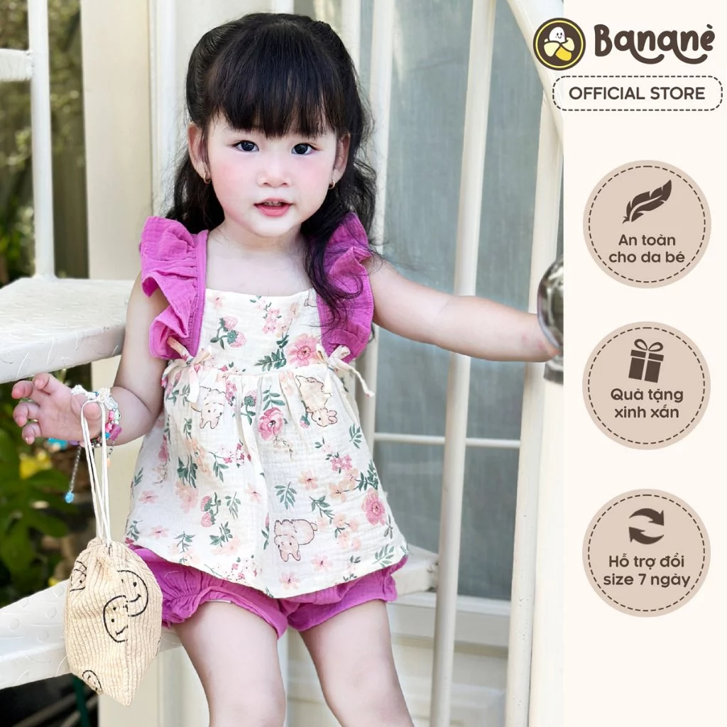 Set bộ quần áo Bananè Kids vải xô Muslin màu hồng họa tiết cánh tiên dễ thương cho bé gái - B11H