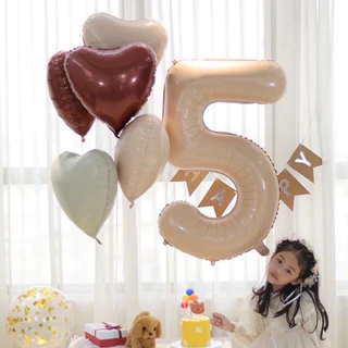 Bóng số tuổi sinh nhật màu kem, nâu caramen size 32" 70cm,bóng tim sao happy birthday màu nâu