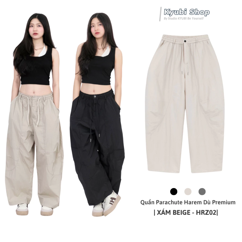Quần Dài Harem Parachute Kyubi Ống Rộng Dáng Thụng phong cách Vintage Nhật Bản Chất Gió Nhăn - HRZ